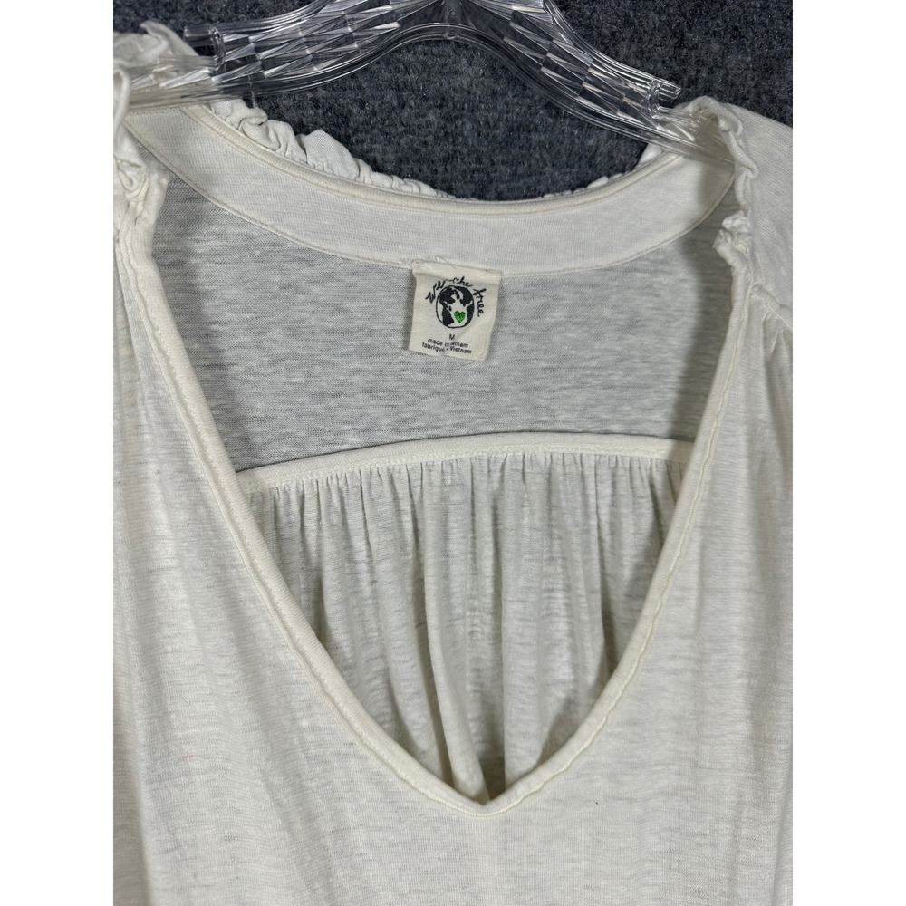Free People Women Smocked Cuff V Neck Top Medium Boho Slub Knit Ivory White - Picture 4 of 12